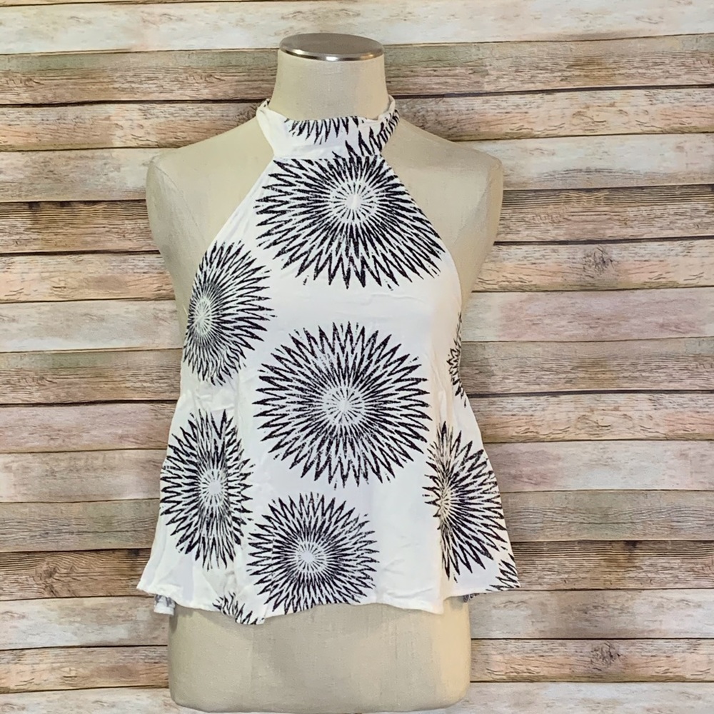 Billabong White Halter Tank Top with Black Sunburst Print